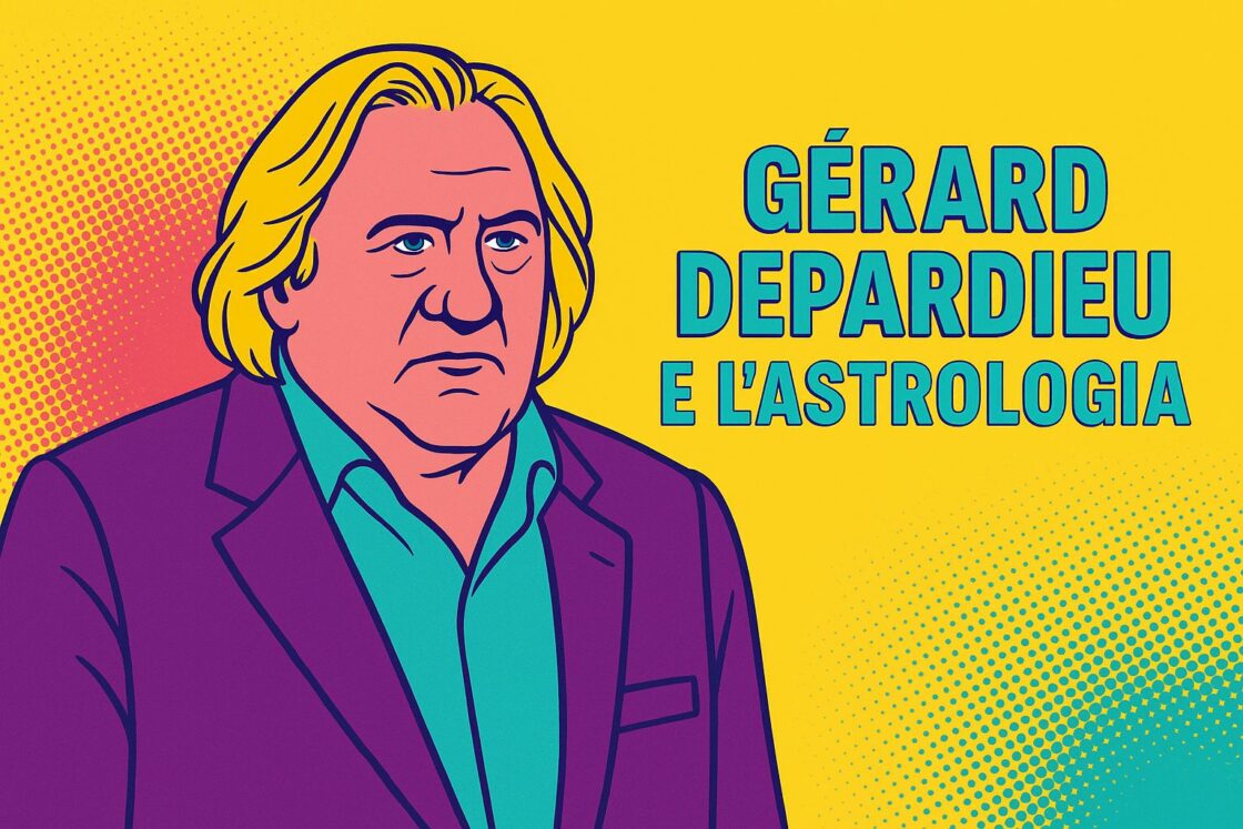 Ritratto astrologico di Gérard Depardieu con simboli zodiacali